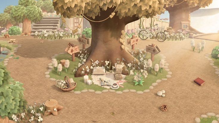 an animated image of a tree in the middle of a field with animals and other things around it