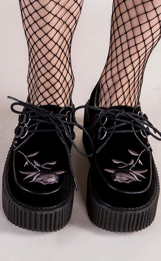 Creepers are the ultimate alt wardrobe staple. Dress them up, dress them down, too easy! The real challenge here is finding a creeper that doesn't suit you! Vegan Black velvet 3 inch platform Flower embroidery D ring lace up U.S women's sizing-refer to size chart for more info Creepers Shoes Outfit, Alt Wardrobe, Creepers Outfit, Velvet Creepers, Creeper Outfit, Alt Shoes, Black Creepers, Punk Festival, Goth Fits