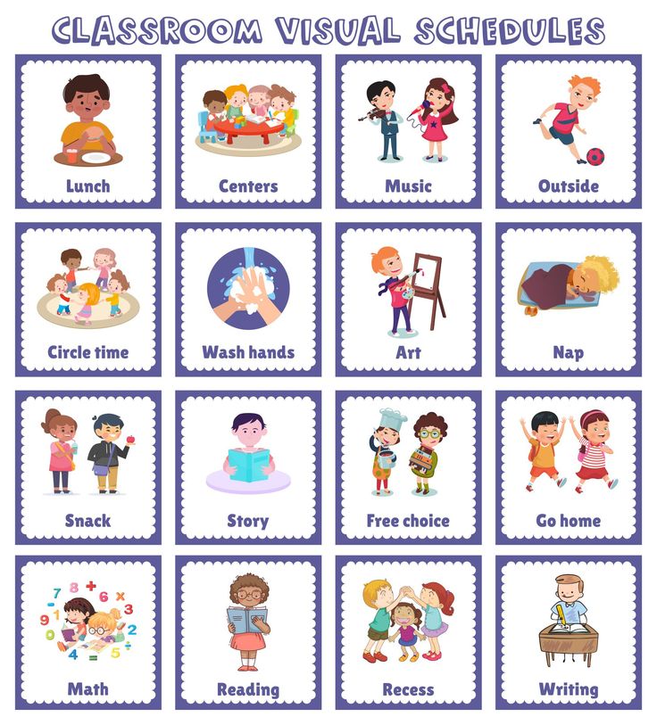 the classroom visual schedule for children with pictures and words to describe what they are doing