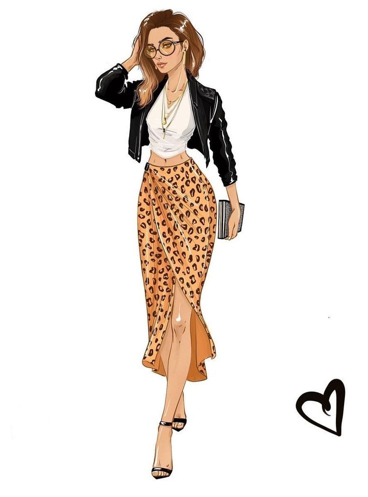 a drawing of a woman in a leopard print skirt and black jacket with her hand on her head