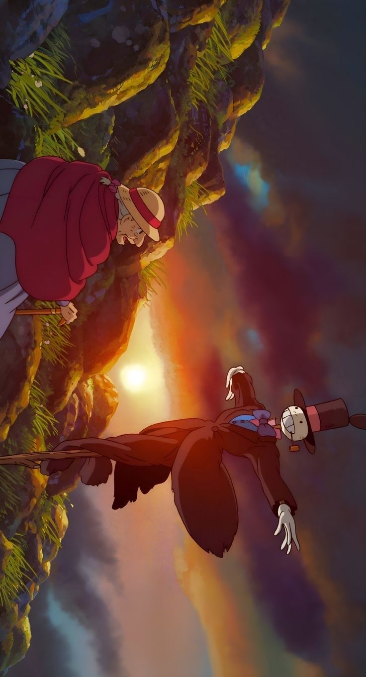 an animated character flying through the air next to another character in front of a tree