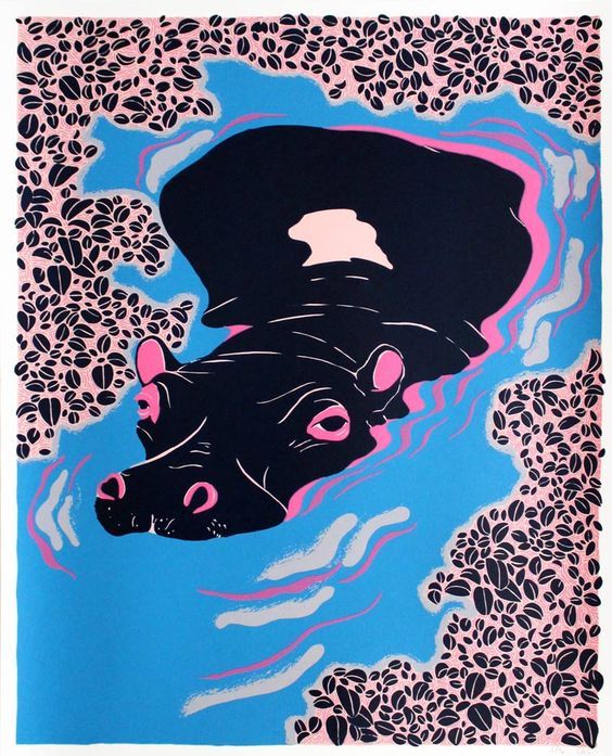 an image of two animals in the water with pink and blue paint on it's face