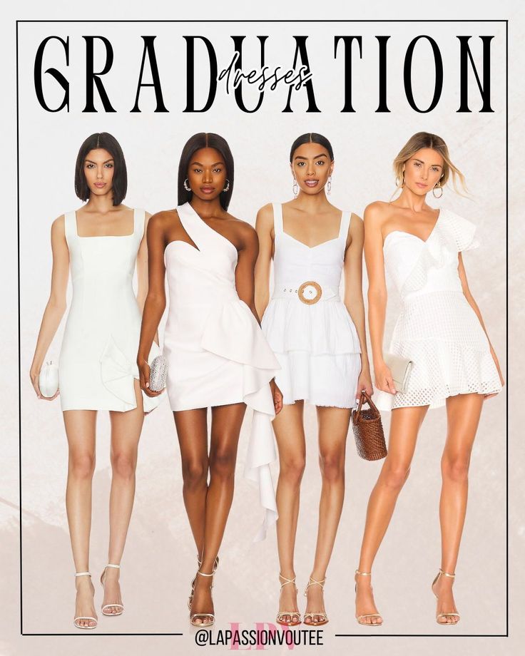 three women in white dresses standing next to each other with the words graduation on it