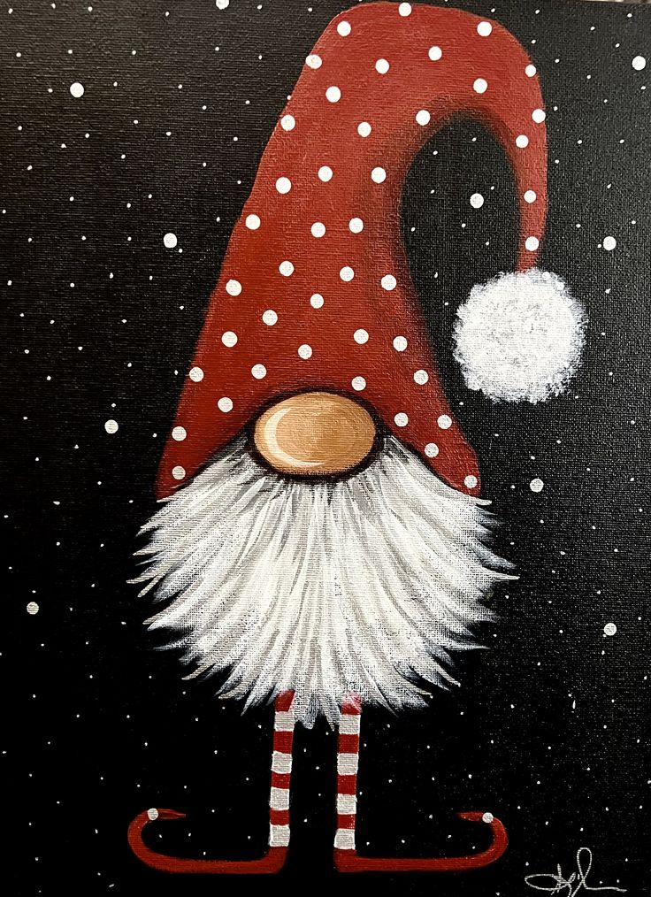 an acrylic painting of a red and white gnome with snow on his face