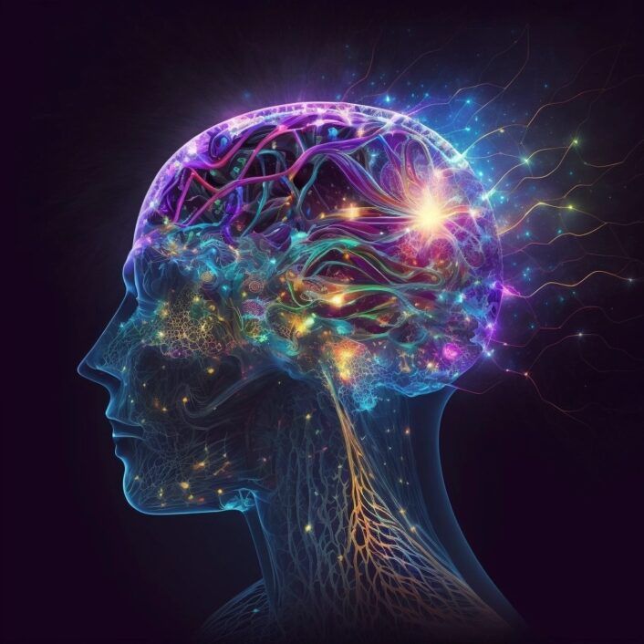 the human head has many colorful lights in it's brain and is surrounded by wires