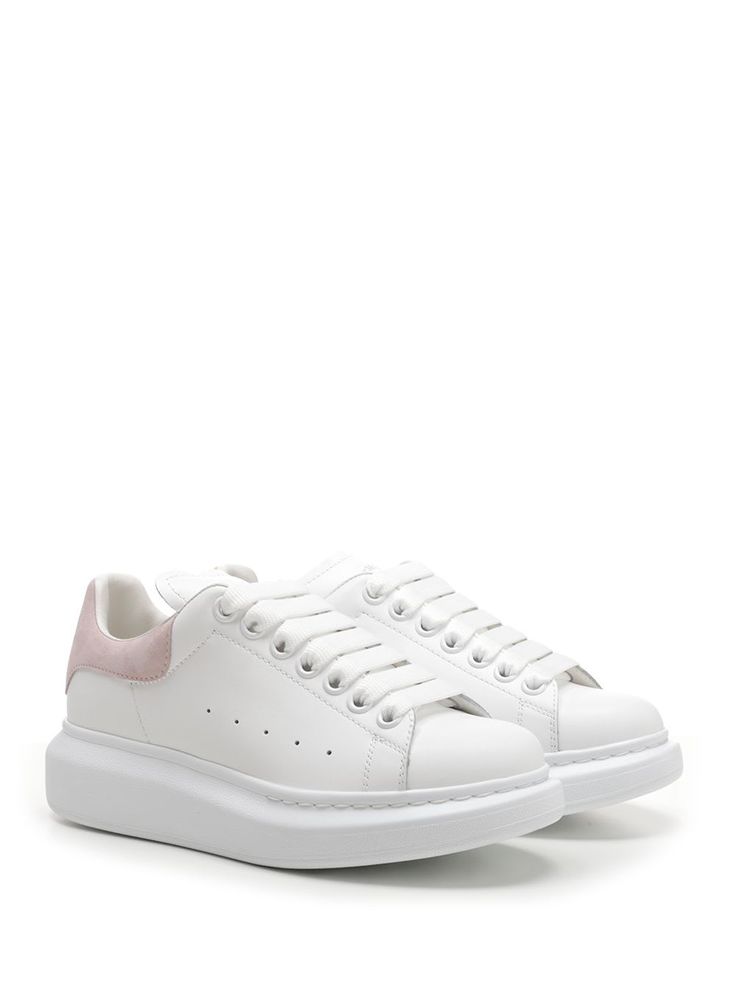 "Oversize" sneakers in white leather with blush pink suede heel and thick laces by Alexander McQueen. Composition: Pink Leather Chunky Sneakers With Rubber Sole, Luxury White Suede Sneakers, White Luxury Suede Sneakers, White High-top Suede Platform Sneakers, White Low-top Suede Platform Sneakers, White Suede High-top Platform Sneakers, White Suede Platform Sneakers, White Suede Round Toe Platform Sneakers, Pink Leather Platform Sneakers With Vulcanized Sole