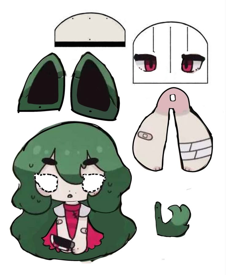 paper doll with green hair and accessories for making it look like she's crying