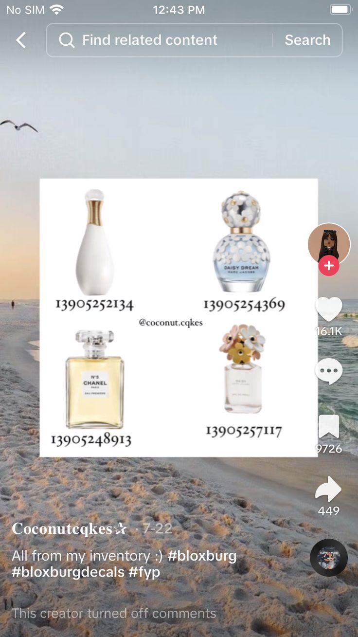 an iphone screenshot shows the price of different perfumes on the beach, including one for each bottle