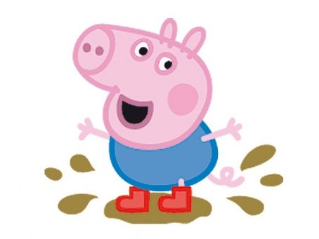 peppa pig is standing in the mud with his legs spread out and eyes wide open