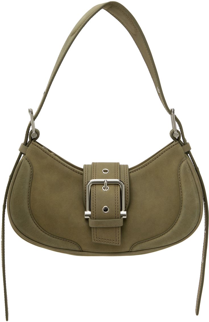 Nubuck shoulder bag in khaki. · Adjustable and detachable padded shoulder strap · Pin-buckle detailing at magnetic press-stud tab · Zip closure · Patch pocket at interior · Faux-suede lining · Logo-engraved silver-tone hardware · H5.75 x W11 x D3 Supplier color: Marena khaki Chic Suede Bag With Metal Hardware, Khaki Leather Shoulder Bag With Adjustable Strap, Chic Suede Shoulder Bag With Silver-tone Hardware, Suede Shoulder Bag With Metal Hardware For Everyday Use, Everyday Suede Shoulder Bag With Silver-tone Hardware, Chic Suede Shoulder Bag With Metal Hardware, Khaki Leather Shoulder Bag, Green Shoulder Bag With Palladium Hardware For Everyday, Chic Khaki Shoulder Bag With Detachable Strap