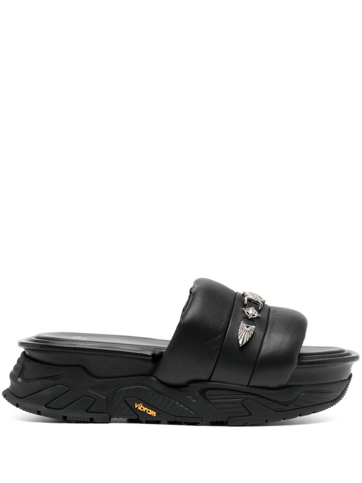 black leather silver-tone stud detailing round open toe single toe strap slip-on style branded leather insole Vibram® sole Studded Leather, Leather Silver, Sandals Black, Black Sandals, Leather Sandals, Open Toe, Shoes Sandals, Silver Tone, Men's Shoes