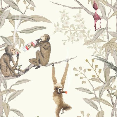 monkeys hanging on branches and drinking from bottles