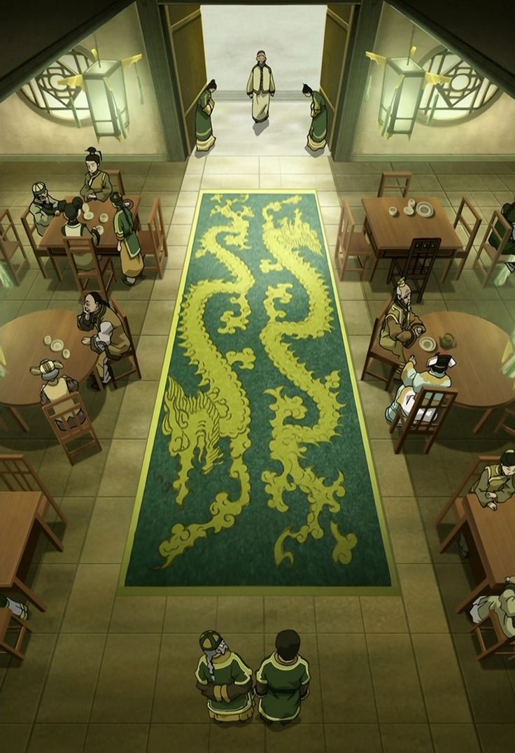 an overhead view of a restaurant with tables, chairs and a dragon rug on the floor