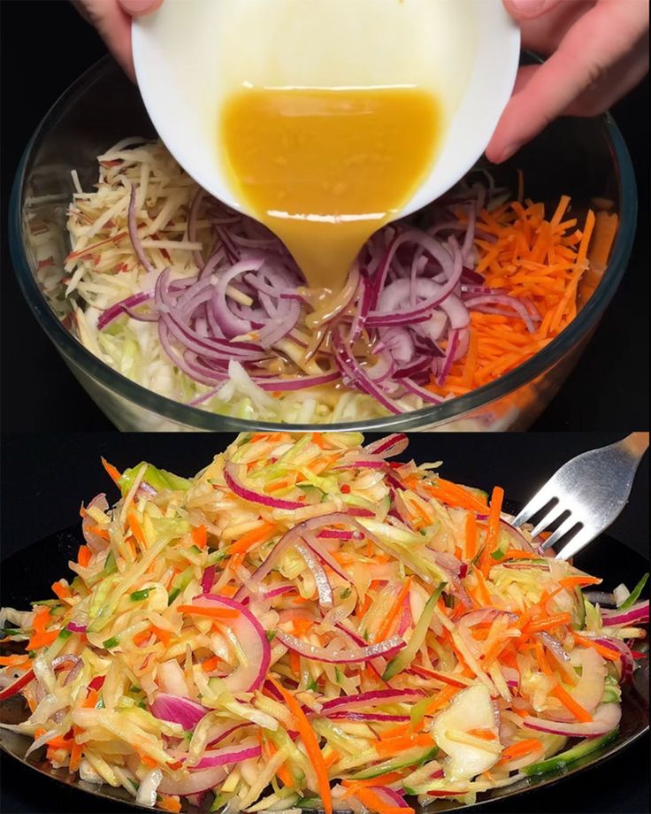 someone is adding dressing to a salad with carrots, cabbage and red onions in a bowl