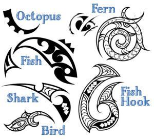 four different types of tattoos with the words fish, fish hook and octopus on them