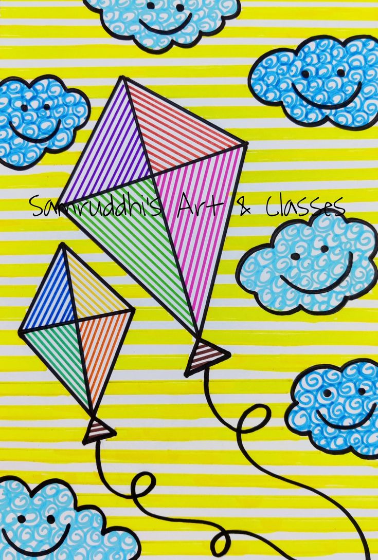 a drawing of a kite flying in the sky with clouds and smiling faces on it