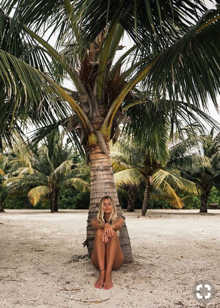 a woman sitting under a palm tree on the beach