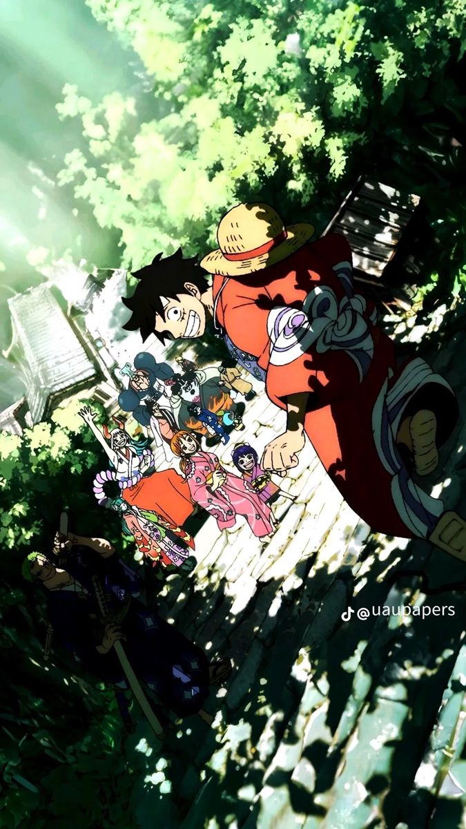 an anime scene with many people standing in the woods, and one person is holding something