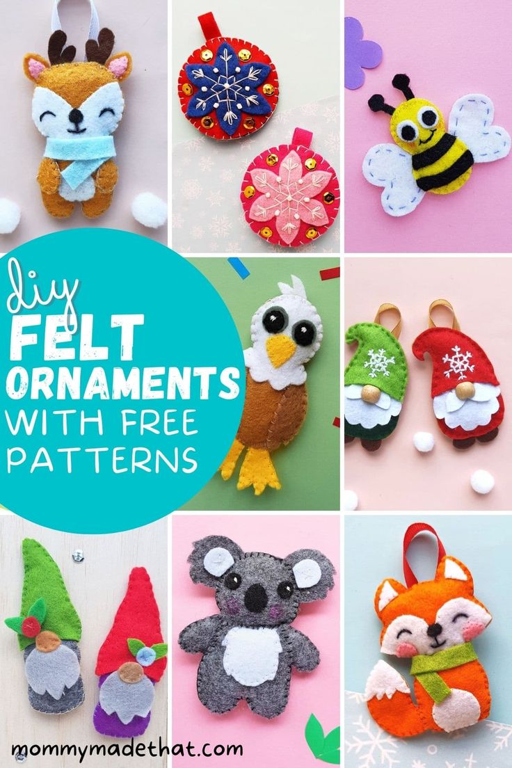 felt ornaments with free patterns and instructions to make them