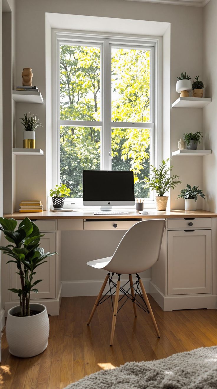 Tiny Office Space Ideas Office Window Desk, Home Office Ideas Desk Facing Window, Window Nook Desk, Desk In Window Nook, Office Desk Under Window, Small Office Nook Ideas, Home Office Desk In Front Of Window, Window Desk Ideas, Small Cozy Office