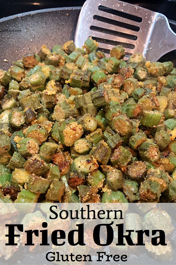 fried okra in a frying pan with a spatula over it and the words southern fried okra written below