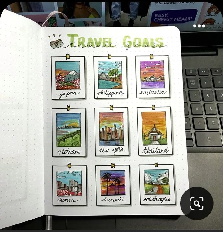 an open notebook with travel images on it and the words'travel goals'written in small letters