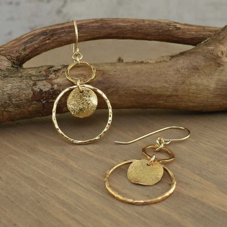 Gold vermeil circle earrings on French wires Silver Jewelry Collection, Hammered Yellow Gold Circular Earrings, Yellow Gold Hammered Circle Earrings, Gold Hammered Circle Earrings, Hammered Round Disc Metal Jewelry, Hammered Metal Round Disc Jewelry, Gold Brass Round Disc Earrings, Nickel-free Gold Open Circle Jewelry, Gold Circle Earrings 14k Gold Filled