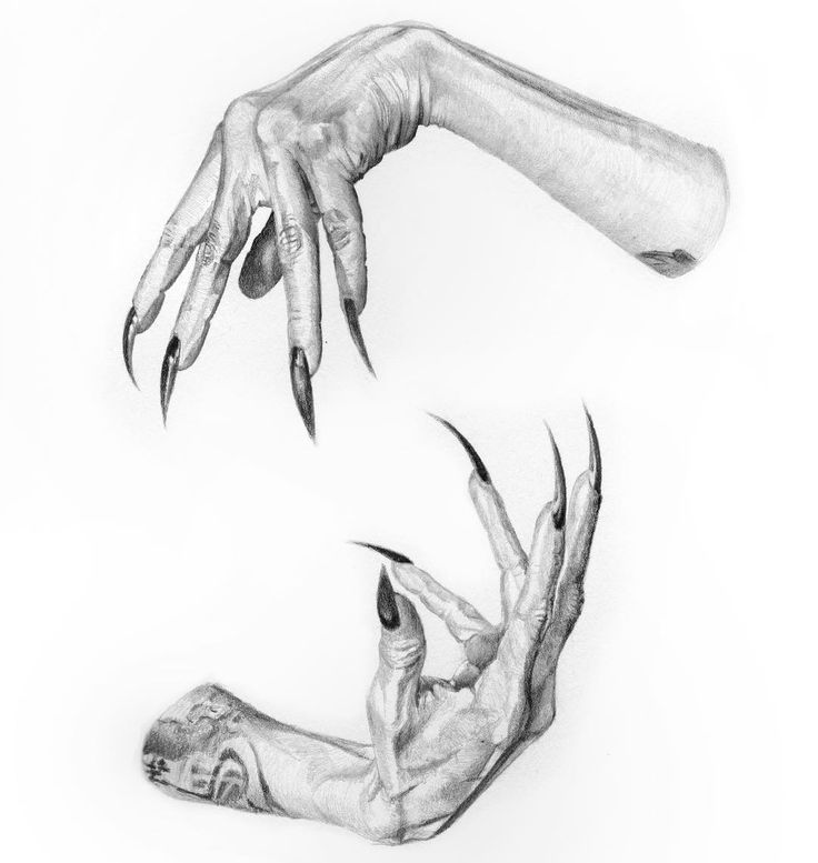 two hands reaching for each other with claws on their fingers and nails sticking out of them