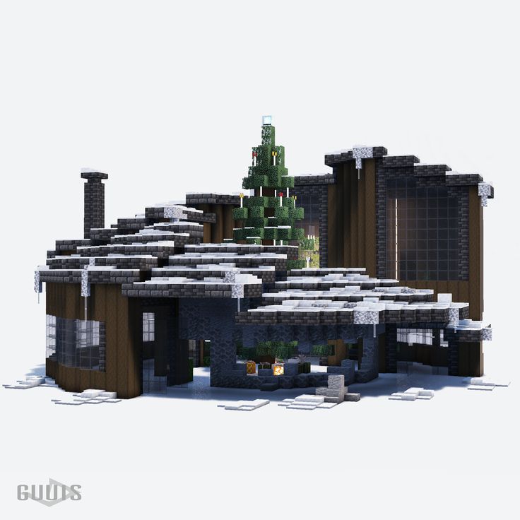 an image of a building made out of legos in the snow with trees on top