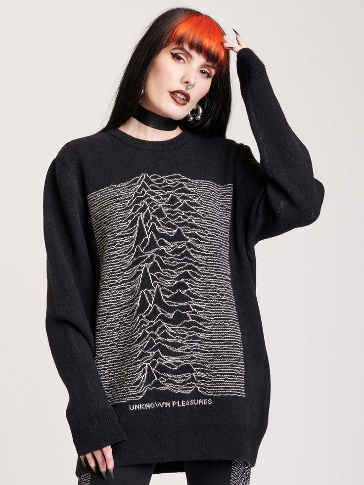 Joy Division Intarsia Sweater Relaxed Fit Knit Sweater With Graphic Print, Knit Sweater With Graphic Print In Relaxed Fit, Knit Crew Neck Sweatshirt For Streetwear, Grunge Graphic Print Sweatshirt For Winter, Grunge Graphic Print Winter Sweatshirt, Oversized Knit Sweatshirt With Graphic Print, Oversized Winter Tops For Concerts, Oversized Tops For Winter Concert, Oversized Top For Winter Concert