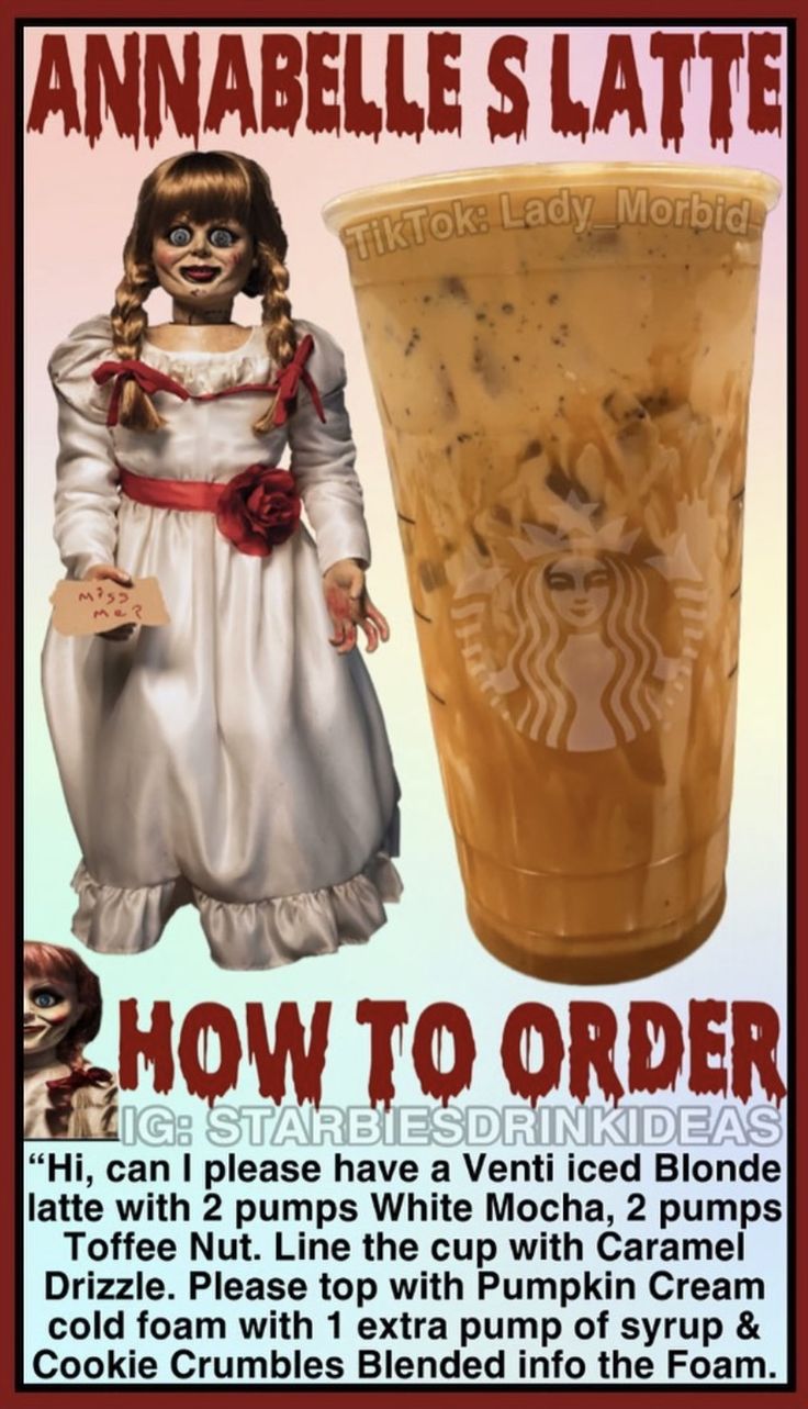 an advertisement for starbucks coffee with a zombie doll next to it and a cup of iced coffee