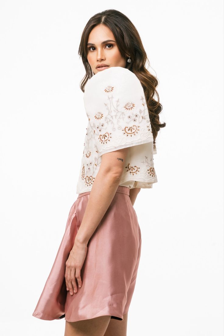 Gloria Filipiniana Bolero | 3D | Modern Filipino by The Mestizo LA Elegant Cream Embroidered Top, Elegant Embroidered Top For Spring Party, Elegant White Embroidered Top With Floral Detail, Elegant Embellished Beige Tops, Elegant Beige Embellished Tops, Elegant Cream Embellished Tops, Elegant Summer Top With Intricate Embroidery, Elegant Cream Top With Floral Embroidery, Elegant Beige Floral Embroidered Top