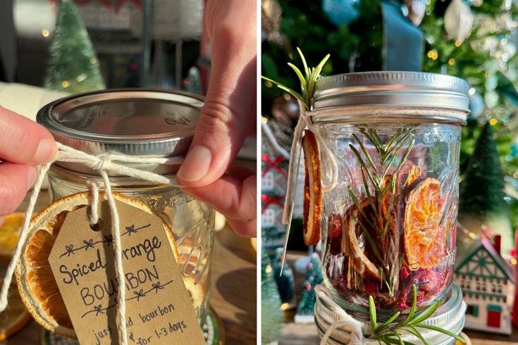 two pictures one is filled with dried oranges and the other has herbs in it