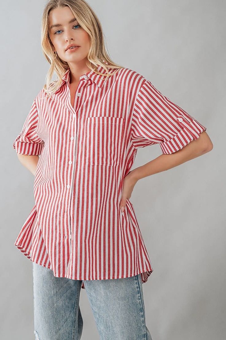 Introducing the Rolled Cuffs Short Sleeves Collared Button Down High-Low Stripe Shirt - a perfect blend of casual comfort and chic style. The rolled cuffs add a laid-back vibe, creating a relaxed yet polished look. Classic Shirt With Roll-up Sleeves For Day Out, Trendy Button-up Shirt With Rolled Sleeves, Classic Shirt With Rolled Sleeves For Day Out, Trendy Shirt With Roll-up Sleeves For Everyday, Everyday Button-up Tops With Cuffed Sleeves, Trendy Everyday Shirt With Button Cuffs, Trendy Shirt With Roll-up Sleeves For Day Out, Trendy Shirt With Roll-up Sleeves And Shirttail Hem, Trendy Roll-up Sleeves Shirt For Day Out