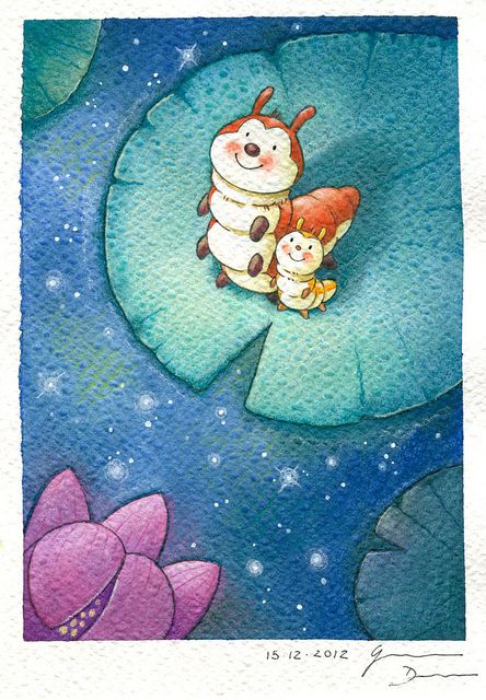 a watercolor painting of two animals sitting on a lily pad with stars in the background