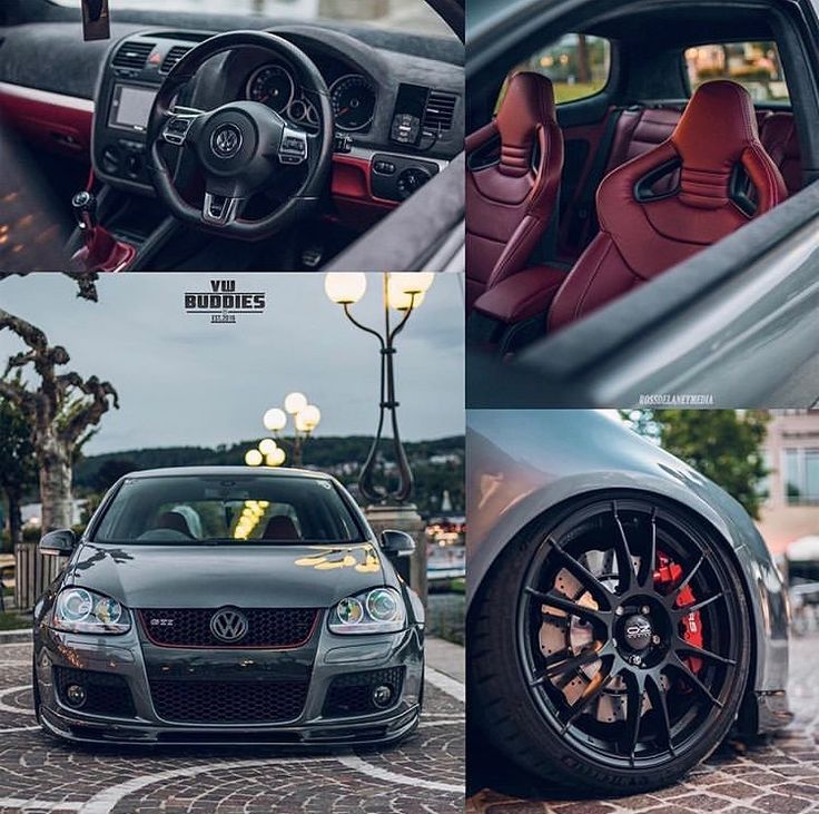 the inside and outside of a car with red leather seats, steering wheel covers and dashboard lights