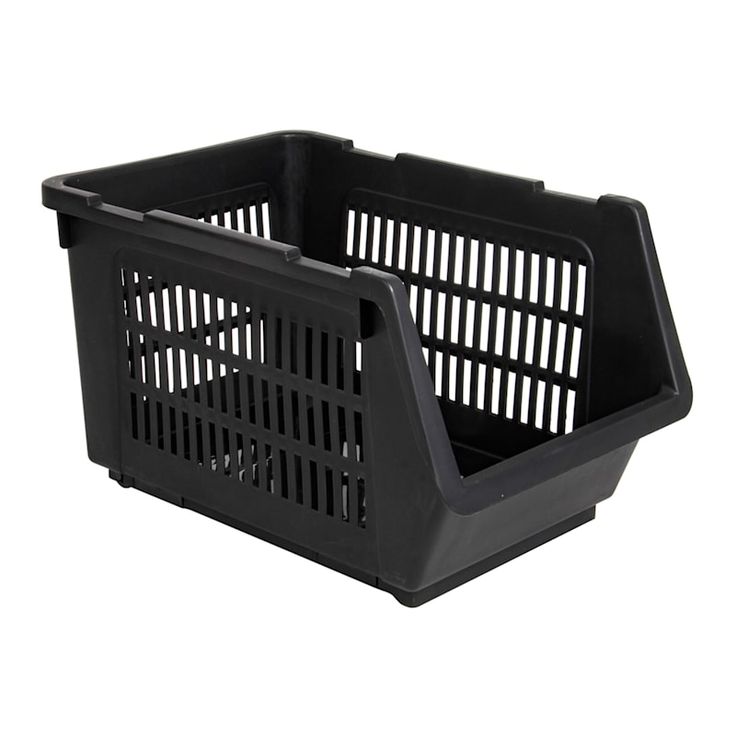 a black plastic basket with holes in it