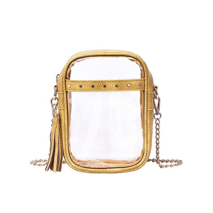 This Mellow World Evelina transparent crossbody bag is practical and stylish to carry just a few necessities for wherever you go. This Mellow World Evelina transparent crossbody bag is practical and stylish to carry just a few necessities for wherever you go. 8"H x 5.5"W x 2"D Removable crossbody strap length: 22" Zipper closure Gold-tone hardware Exterior: 1 slip pocket and tasselCONSTRUCTION & CARE PU and PVC Spot clean Imported WARNING: This product can expose you to chemicals including L Clear Crossbody Shoulder Bag For On-the-go, Clear Shoulder Bag With Clear Strap For Versatile Use, Clear Travel Bag With Clear Strap, Trendy Shoulder Bag With Transparent Straps For Travel, Travel Pouch Shoulder Bag With Clear Strap, Trendy Clear Plastic Travel Bag, Travel Shoulder Bag With Transparent Straps, Clear Plastic Shoulder Bag With Clear Strap, Clear Portable Shoulder Bag For Daily Use