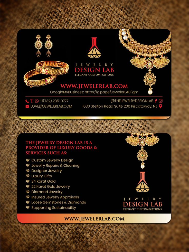 two business cards with gold jewelry on the front and back, both in different colors