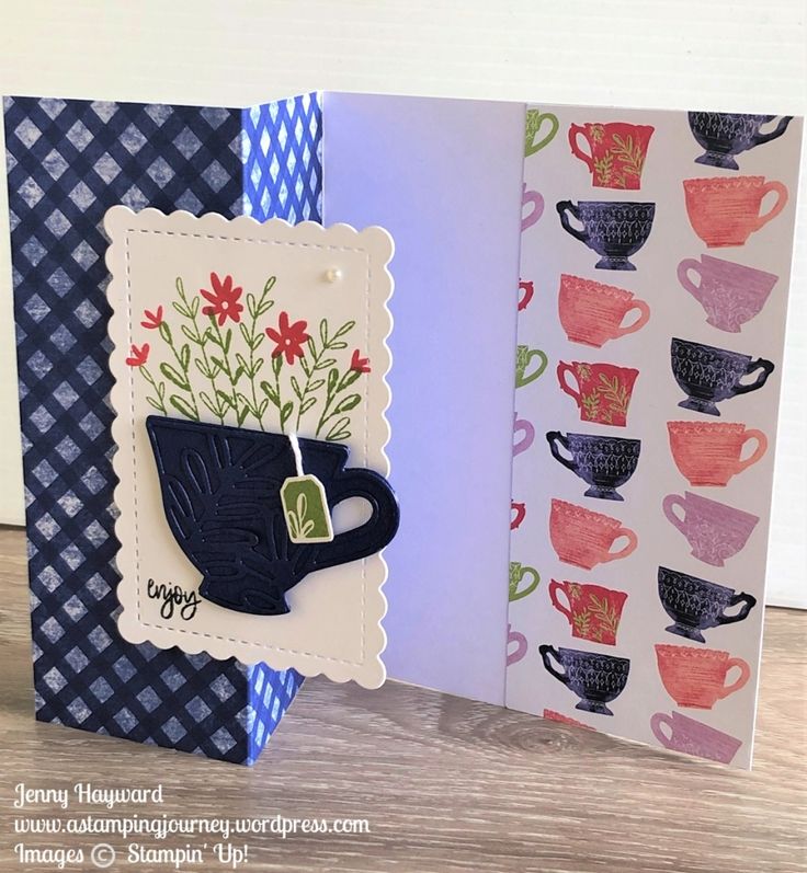 two cards with coffee cups on them, one is blue and the other is pink