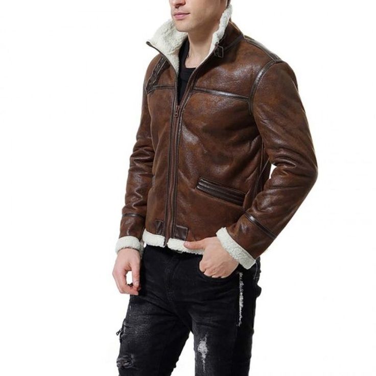 The ultra-warm shearling flight jacket has a steamy look you cannot resist. The perfectly crafted genuine leather paired with a soft shearling collar and all-over piping makes it a must-have winter wear. This shearling leather jacket is an all-rounder that suits all colors. This warm and stylish jacket makes it the best winter wear. Buy this shearling leather jacket now and get a 40% discount! Features: External: Real Leather, Faux Shearling Internal: Polyester Lining Pockets: Two External Waist Fitted Shearling Fur Coat For Winter, Brown Leather Jacket With Stand Collar For Winter, Long Sleeve Shearling Leather Jacket With Faux Fur Trim, Shearling Leather Jacket With Faux Fur Trim, Shearling Leather Jacket For Cold Weather, Winter Aviator Shearling Fur Coat, Fitted Outerwear With Faux Fur Lining, Winter Sheepskin Aviator Leather Jacket, Winter Aviator Sheepskin Leather Jacket