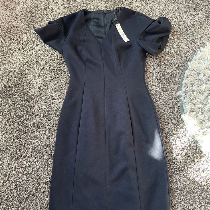 Never Worn Tags Attached Very Flattering With Cute Sleeves Elegant Navy Spring Dresses, Elegant Blue Dress For Work, V-neck Spring Career Dresses, Elegant Blue Lined Midi Dress, Elegant Navy Midi Dress For Spring, Spring Career V-neck Dress, Elegant Blue Dress For Workwear, Spring Career Dress In Blue, Navy Midi Length Dresses For Office