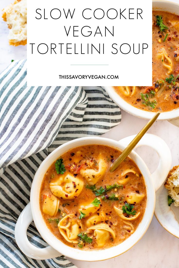 a bowl of slow cooker tortellini soup