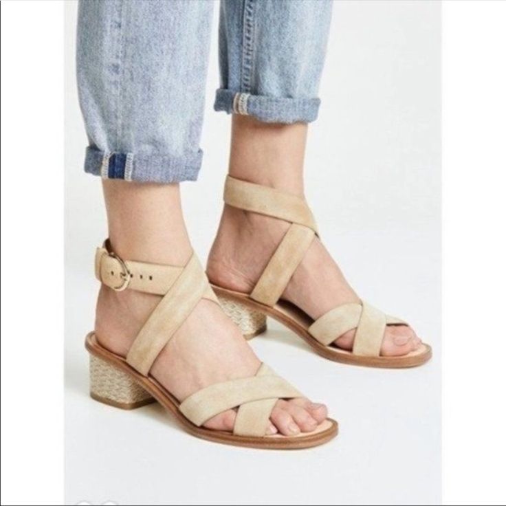 Joie Suede Sand Rana Strap Sandals Shoes 8.5 Or 38.5 Eu New Vacation Sandals With Ankle Strap Medium Width, Medium Width Ankle Strap Sandals For Vacation, Beige Sandals With Stacked Low Heel, Summer Suede Block Heel Shoes, Beige Low Heel Sandals For Beach, Spring Sandals With Stacked Heel In Natural Color, Spring Ankle Strap Heels In Natural Color, Stacked Heel Sandals Medium Width For Vacation, Vacation Block Heel Sandals With Medium Width