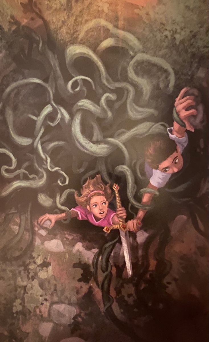 a painting of two people holding swords in front of an octopus like creature with long tentacles