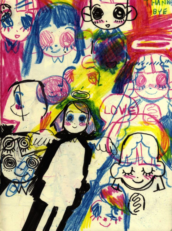 a child's drawing with many different faces