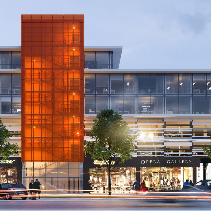 an artist's rendering of the exterior of a building with orange panels on it