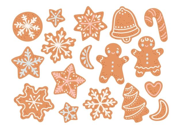 an assortment of ginger cookies on a white background with snowflakes and candy canes