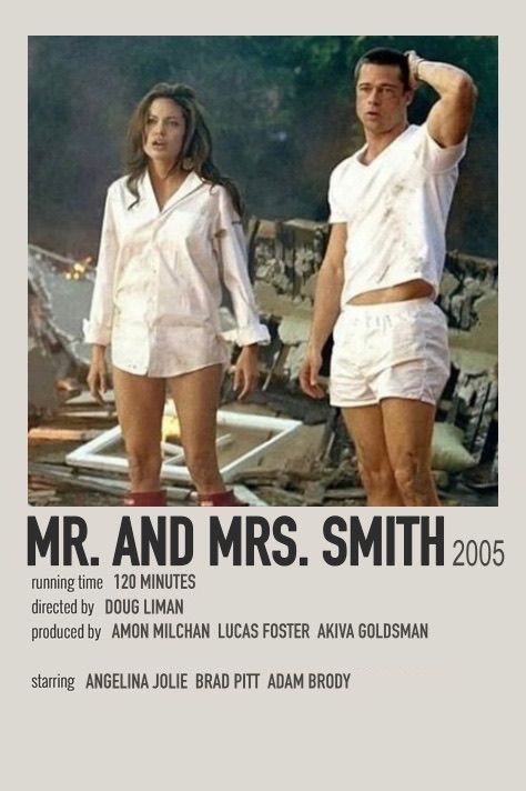 the poster for mr and mrs smith is shown in black and white, with an image of two people standing next to each other