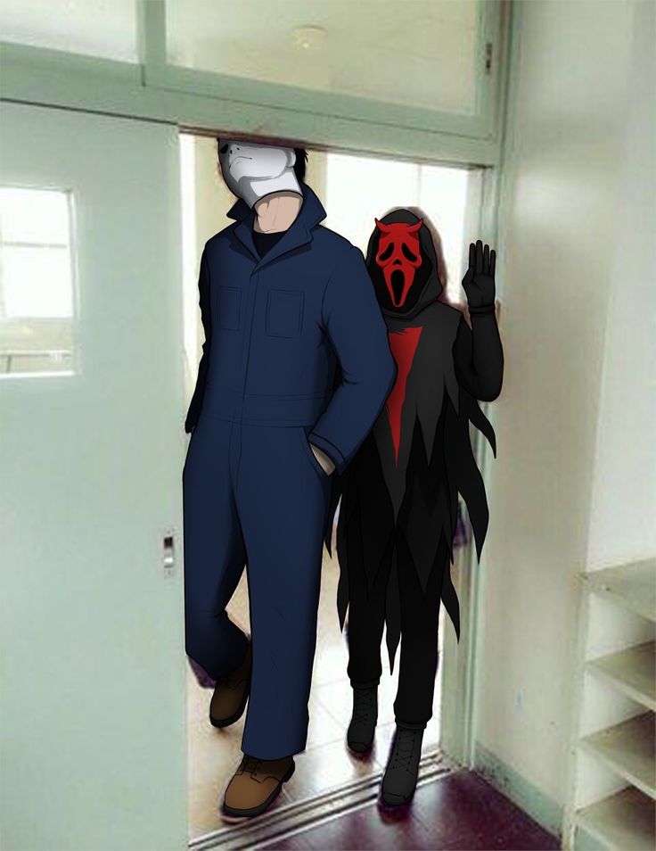 two people in costumes are walking into an open door to another person wearing a mask